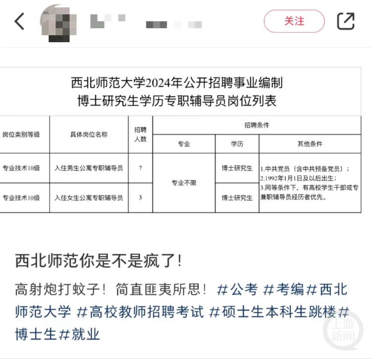 网友质疑专职辅导员岗位是否要求博士学历　网络图